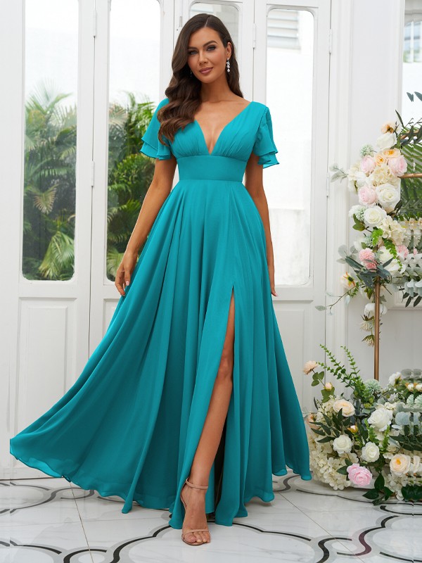 A-Line/Princess Chiffon Ruffles V-neck Short Sleeves Floor-Length Bridesmaid Dresses 2227