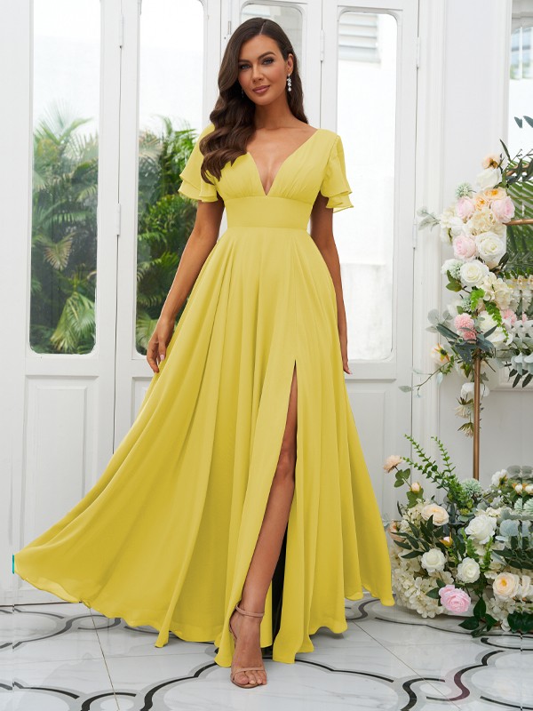 A-Line/Princess Chiffon Ruffles V-neck Short Sleeves Floor-Length Bridesmaid Dresses 2227