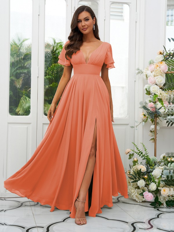 A-Line/Princess Chiffon Ruffles V-neck Short Sleeves Floor-Length Bridesmaid Dresses 2227