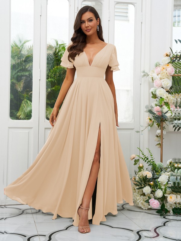 A-Line/Princess Chiffon Ruffles V-neck Short Sleeves Floor-Length Bridesmaid Dresses 2227