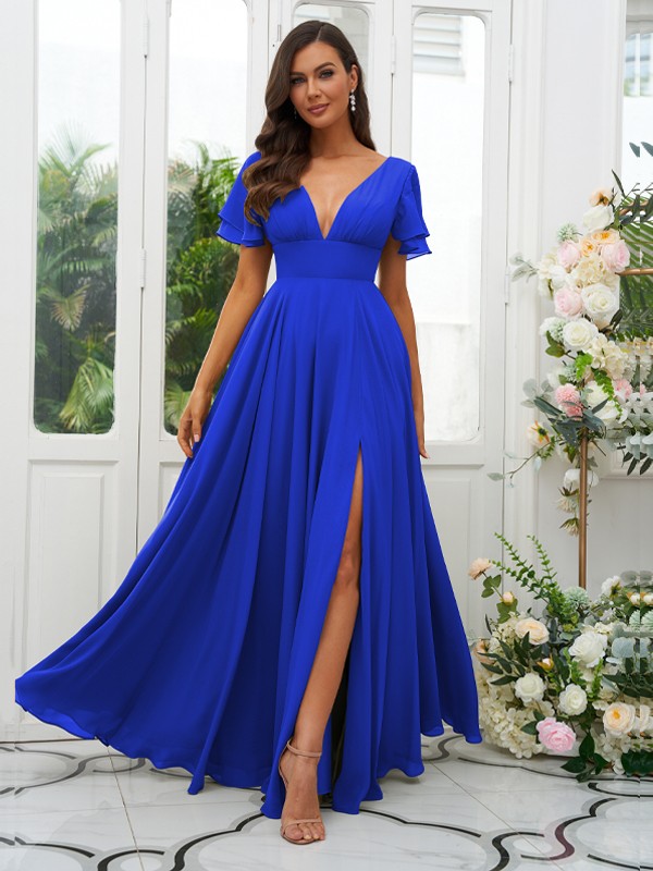 A-Line/Princess Chiffon Ruffles V-neck Short Sleeves Floor-Length Bridesmaid Dresses 2227