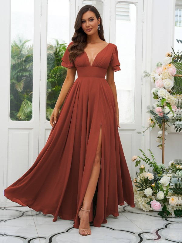 A-Line/Princess Chiffon Ruffles V-neck Short Sleeves Floor-Length Bridesmaid Dresses 2227