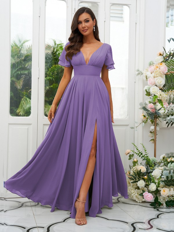 A-Line/Princess Chiffon Ruffles V-neck Short Sleeves Floor-Length Bridesmaid Dresses 2227