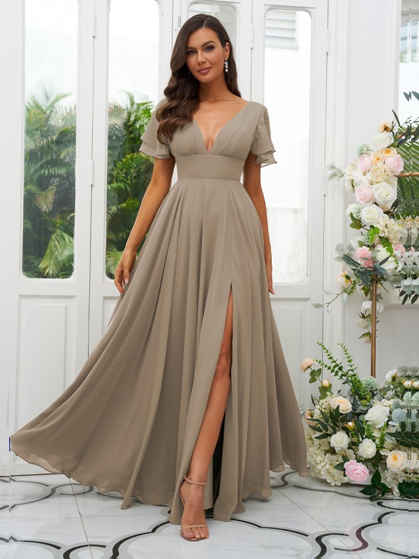 A-Line/Princess Chiffon Ruffles V-neck Short Sleeves Floor-Length Bridesmaid Dresses 2227