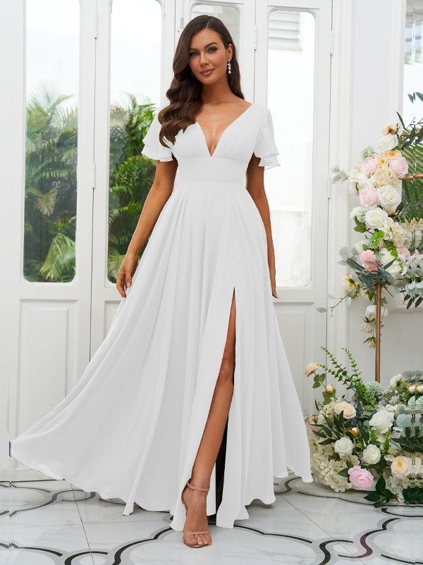 A-Line/Princess Chiffon Ruffles V-neck Short Sleeves Floor-Length Bridesmaid Dresses 2227