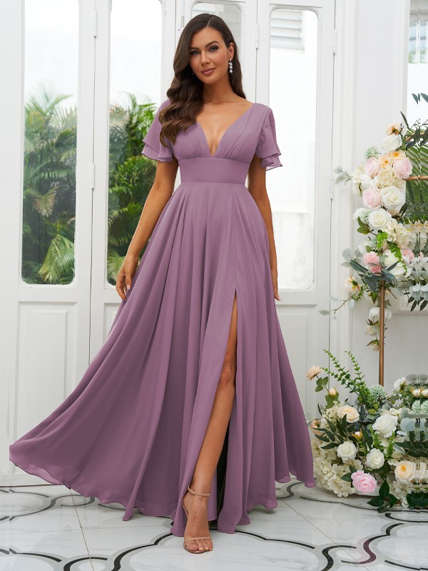 A-Line/Princess Chiffon Ruffles V-neck Short Sleeves Floor-Length Bridesmaid Dresses 2227