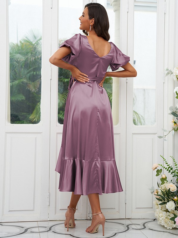 A-Line/Princess Silk like Satin Ruffles V-neck Short Sleeves Asymmetrical Bridesmaid Dresses 2488