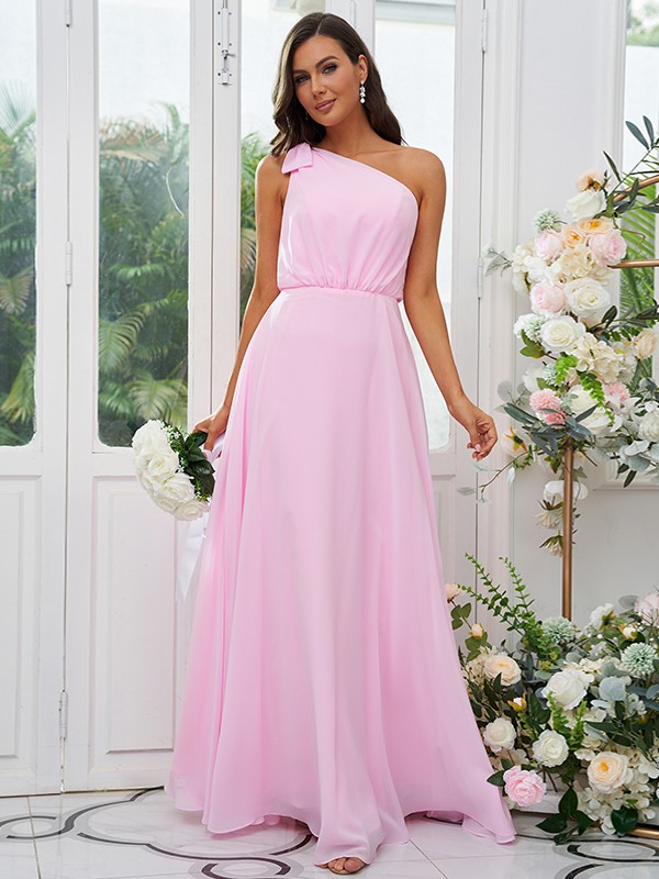 A-Line/Princess Chiffon Bowknot One-Shoulder Sleeveless Floor-Length Bridesmaid Dresses 2135