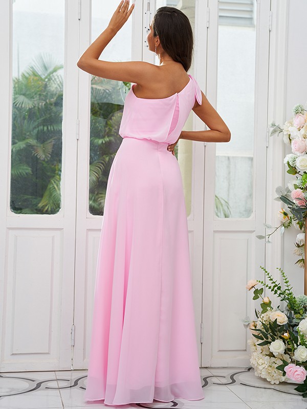 A-Line/Princess Chiffon Bowknot One-Shoulder Sleeveless Floor-Length Bridesmaid Dresses 2135