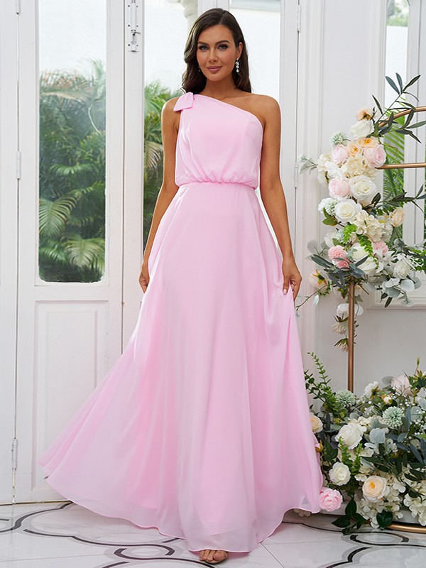 A-Line/Princess Chiffon Bowknot One-Shoulder Sleeveless Floor-Length Bridesmaid Dresses 2135