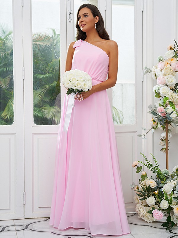 A-Line/Princess Chiffon Bowknot One-Shoulder Sleeveless Floor-Length Bridesmaid Dresses 2135