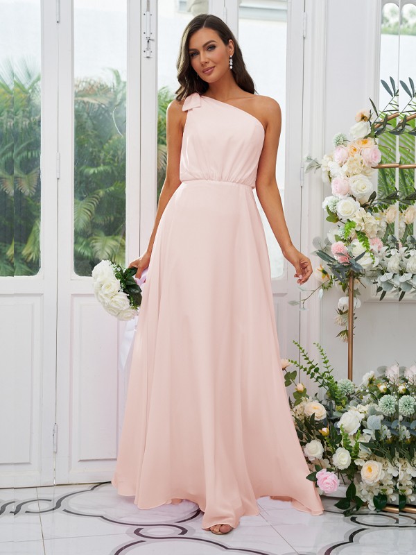 A-Line/Princess Chiffon Bowknot One-Shoulder Sleeveless Floor-Length Bridesmaid Dresses 2135