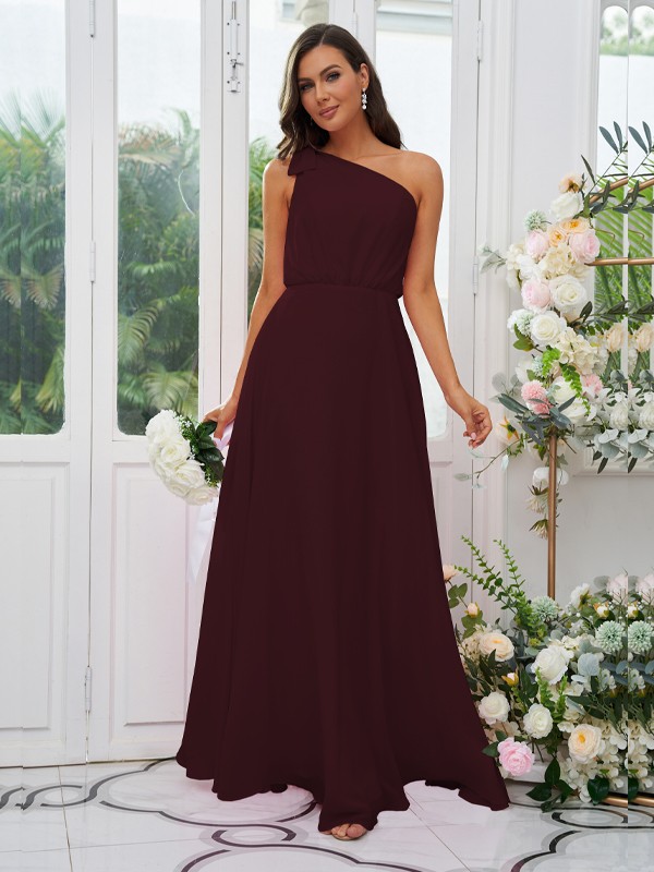 A-Line/Princess Chiffon Bowknot One-Shoulder Sleeveless Floor-Length Bridesmaid Dresses 2135