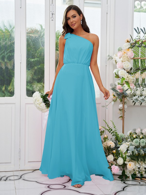 A-Line/Princess Chiffon Bowknot One-Shoulder Sleeveless Floor-Length Bridesmaid Dresses 2135