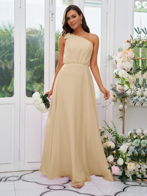 A-Line/Princess Chiffon Bowknot One-Shoulder Sleeveless Floor-Length Bridesmaid Dresses 2135