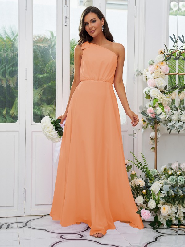 A-Line/Princess Chiffon Bowknot One-Shoulder Sleeveless Floor-Length Bridesmaid Dresses 2135