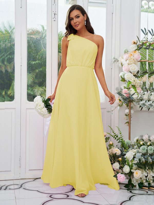 A-Line/Princess Chiffon Bowknot One-Shoulder Sleeveless Floor-Length Bridesmaid Dresses 2135