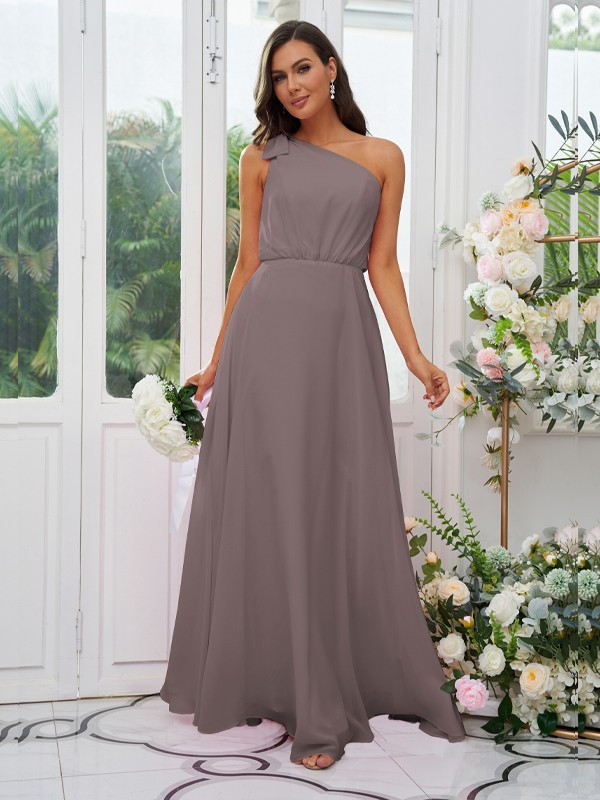 A-Line/Princess Chiffon Bowknot One-Shoulder Sleeveless Floor-Length Bridesmaid Dresses 2135