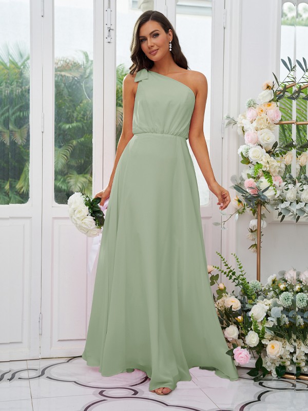 A-Line/Princess Chiffon Bowknot One-Shoulder Sleeveless Floor-Length Bridesmaid Dresses 2135