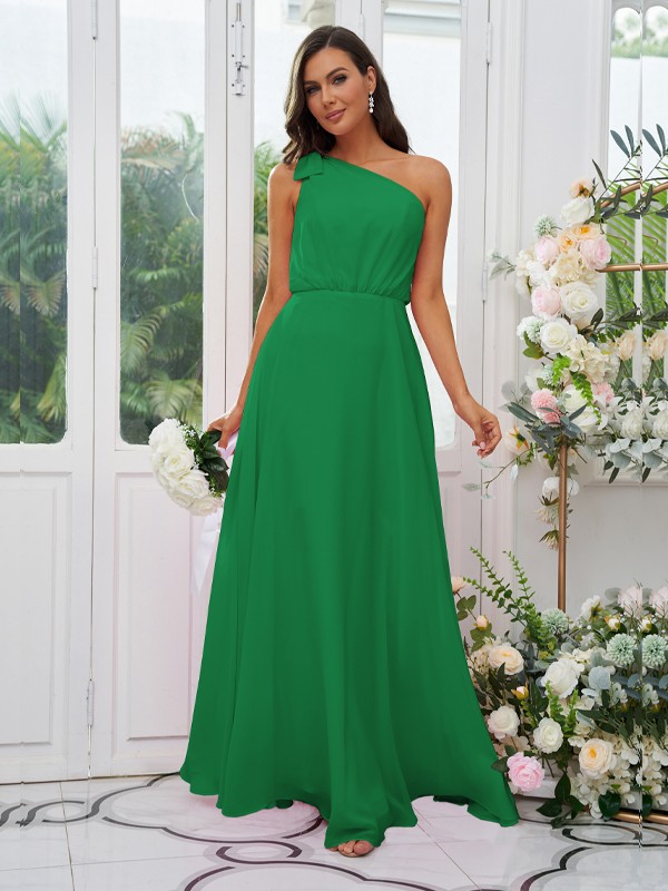 A-Line/Princess Chiffon Bowknot One-Shoulder Sleeveless Floor-Length Bridesmaid Dresses 2135