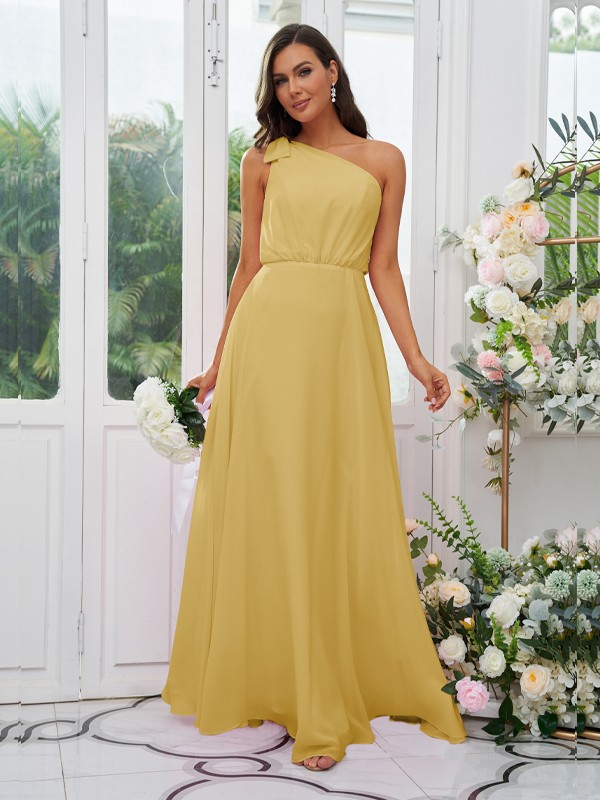 A-Line/Princess Chiffon Bowknot One-Shoulder Sleeveless Floor-Length Bridesmaid Dresses 2135