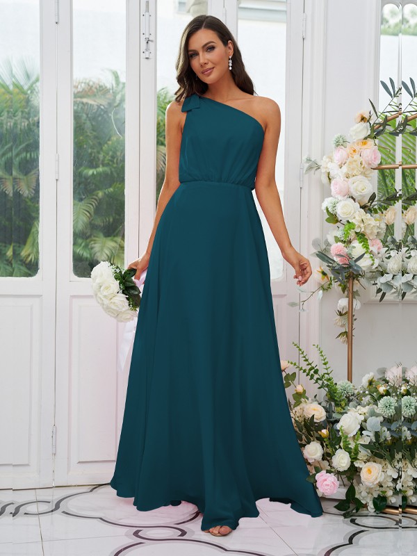 A-Line/Princess Chiffon Bowknot One-Shoulder Sleeveless Floor-Length Bridesmaid Dresses 2135