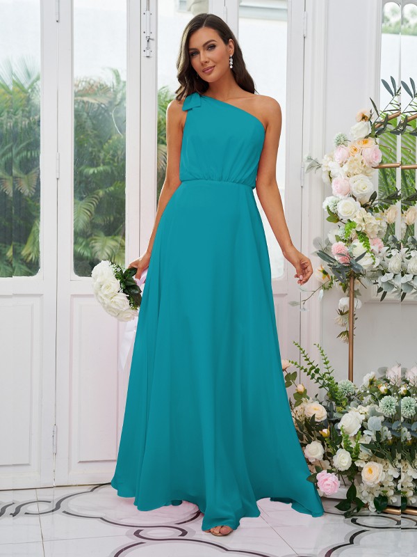 A-Line/Princess Chiffon Bowknot One-Shoulder Sleeveless Floor-Length Bridesmaid Dresses 2135