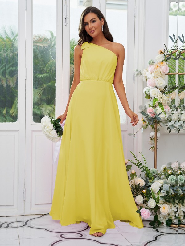 A-Line/Princess Chiffon Bowknot One-Shoulder Sleeveless Floor-Length Bridesmaid Dresses 2135