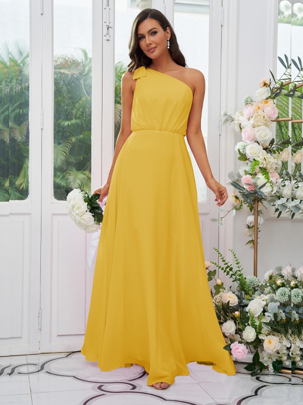 A-Line/Princess Chiffon Bowknot One-Shoulder Sleeveless Floor-Length Bridesmaid Dresses 2135