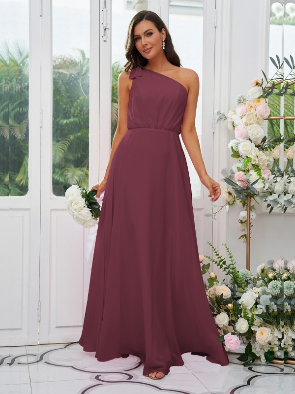 A-Line/Princess Chiffon Bowknot One-Shoulder Sleeveless Floor-Length Bridesmaid Dresses 2135