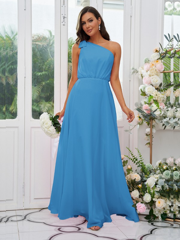 A-Line/Princess Chiffon Bowknot One-Shoulder Sleeveless Floor-Length Bridesmaid Dresses 2135