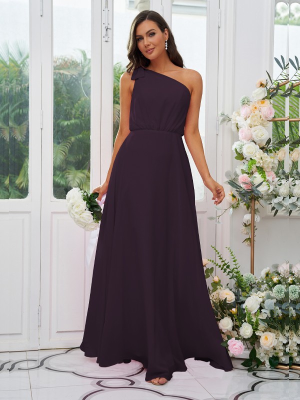 A-Line/Princess Chiffon Bowknot One-Shoulder Sleeveless Floor-Length Bridesmaid Dresses 2135