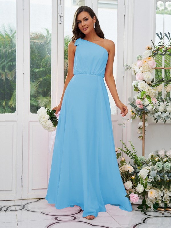 A-Line/Princess Chiffon Bowknot One-Shoulder Sleeveless Floor-Length Bridesmaid Dresses 2135