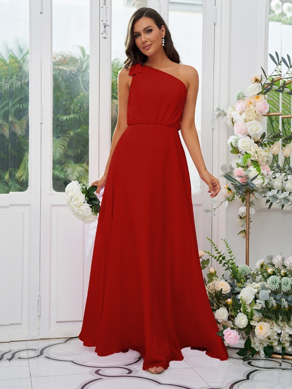 A-Line/Princess Chiffon Bowknot One-Shoulder Sleeveless Floor-Length Bridesmaid Dresses 2135