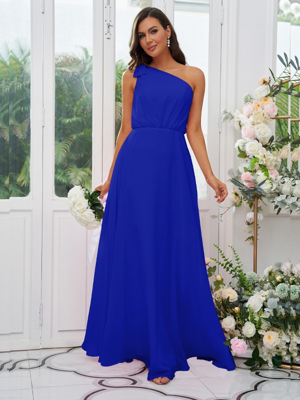 A-Line/Princess Chiffon Bowknot One-Shoulder Sleeveless Floor-Length Bridesmaid Dresses 2135