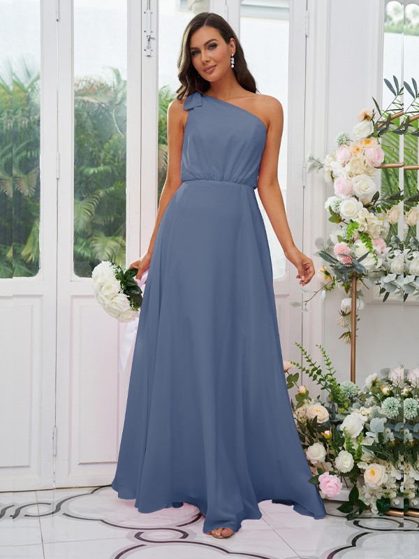 A-Line/Princess Chiffon Bowknot One-Shoulder Sleeveless Floor-Length Bridesmaid Dresses 2135