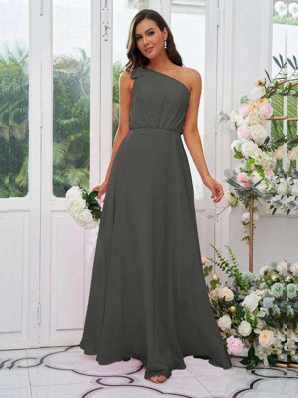 A-Line/Princess Chiffon Bowknot One-Shoulder Sleeveless Floor-Length Bridesmaid Dresses 2135