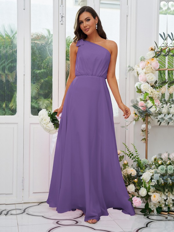 A-Line/Princess Chiffon Bowknot One-Shoulder Sleeveless Floor-Length Bridesmaid Dresses 2135