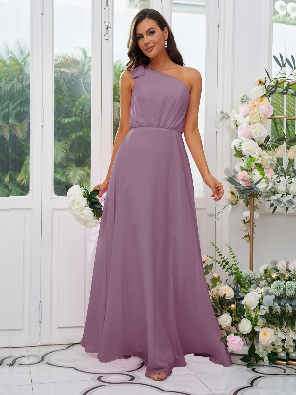 A-Line/Princess Chiffon Bowknot One-Shoulder Sleeveless Floor-Length Bridesmaid Dresses 2135