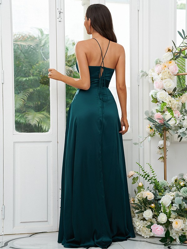 A-Line/Princess Elastic Woven Satin Ruched V-neck Sleeveless Floor-Length Bridesmaid Dresses 2257