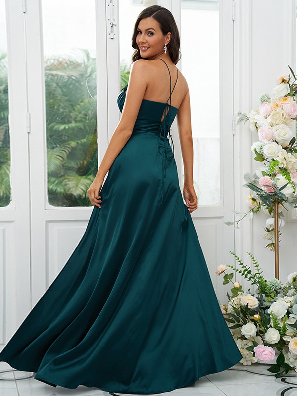 A-Line/Princess Elastic Woven Satin Ruched V-neck Sleeveless Floor-Length Bridesmaid Dresses 2257