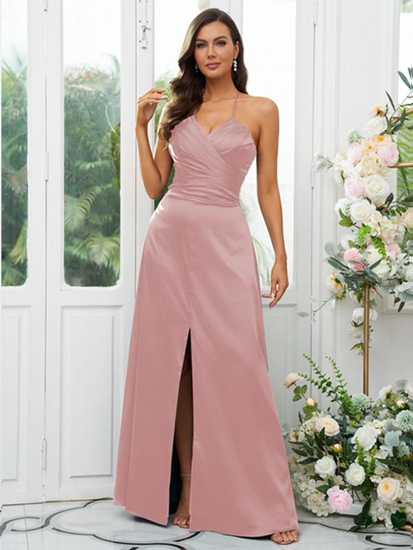 A-Line/Princess Elastic Woven Satin Ruched V-neck Sleeveless Floor-Length Bridesmaid Dresses 2257