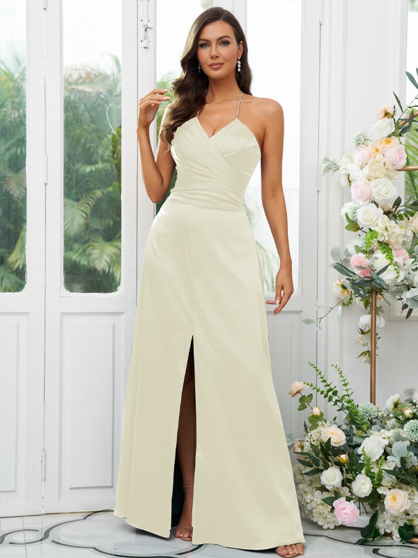 A-Line/Princess Elastic Woven Satin Ruched V-neck Sleeveless Floor-Length Bridesmaid Dresses 2257