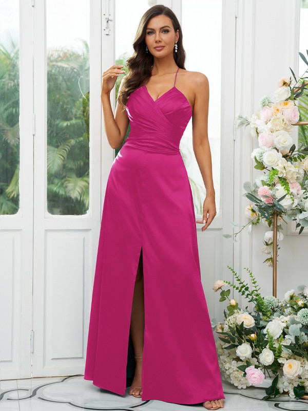 A-Line/Princess Elastic Woven Satin Ruched V-neck Sleeveless Floor-Length Bridesmaid Dresses 2257