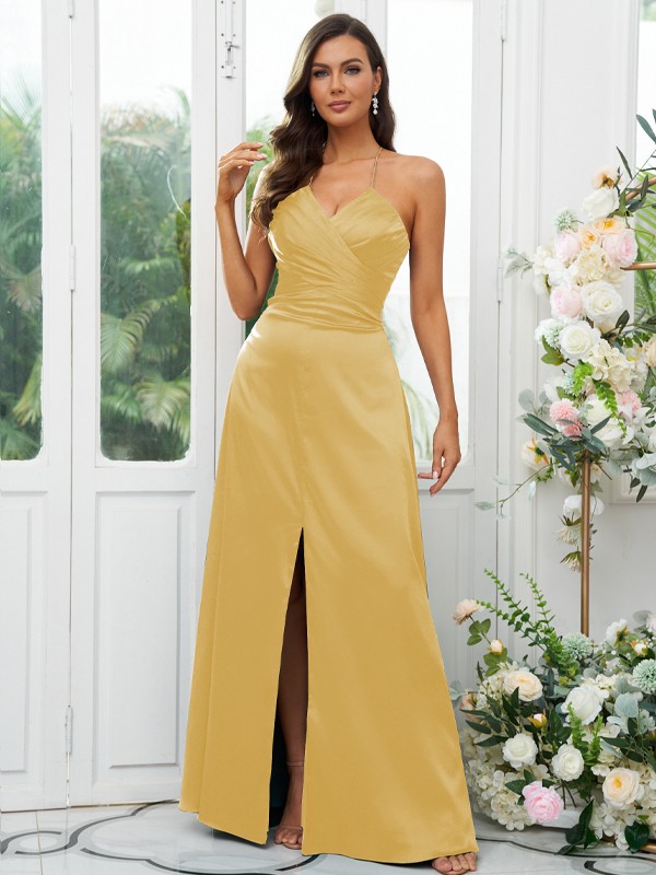 A-Line/Princess Elastic Woven Satin Ruched V-neck Sleeveless Floor-Length Bridesmaid Dresses 2257