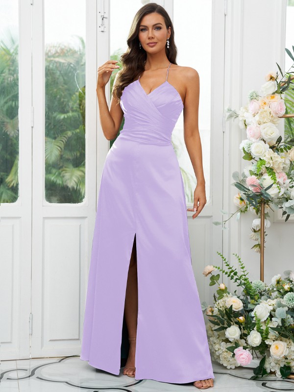 A-Line/Princess Elastic Woven Satin Ruched V-neck Sleeveless Floor-Length Bridesmaid Dresses 2257