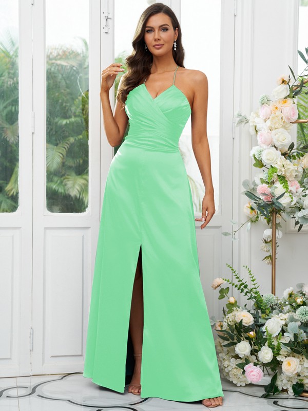 A-Line/Princess Elastic Woven Satin Ruched V-neck Sleeveless Floor-Length Bridesmaid Dresses 2257