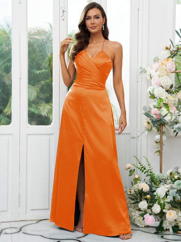 A-Line/Princess Elastic Woven Satin Ruched V-neck Sleeveless Floor-Length Bridesmaid Dresses 2257