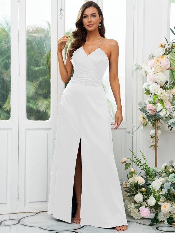 A-Line/Princess Elastic Woven Satin Ruched V-neck Sleeveless Floor-Length Bridesmaid Dresses 2257