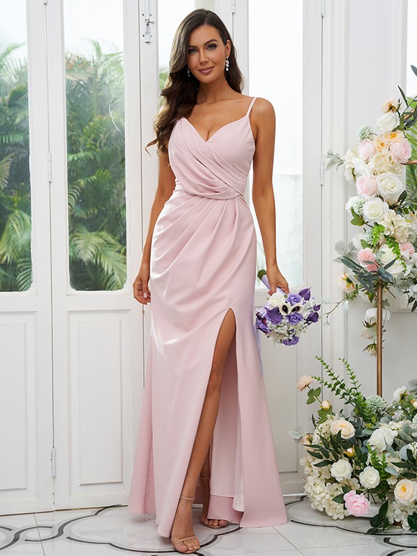 A-Line/Princess Stretch Crepe Ruched V-neck Sleeveless Floor-Length Bridesmaid Dresses 2660